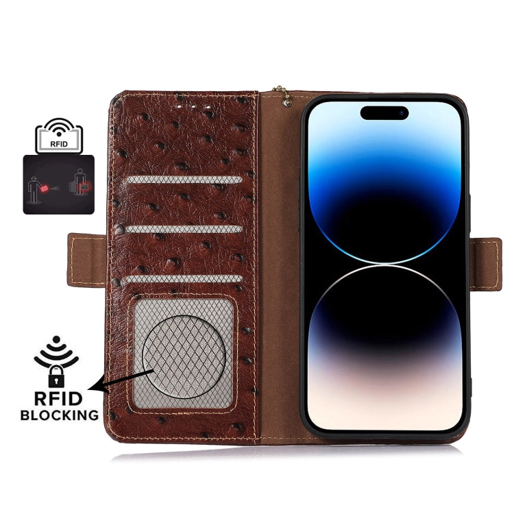 For Google Pixel 7 Pro Ostrich Pattern Genuine Leather RFID Phone Case(Coffee) - Google Cases by PMC TechLife | Online Shopping South Africa | PMC TechLife | Buy Now Pay Later Mobicred