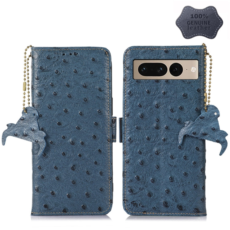 For Google Pixel 7 Pro Ostrich Pattern Genuine Leather RFID Phone Case(Blue) - Google Cases by PMC TechLife | Online Shopping South Africa | PMC TechLife | Buy Now Pay Later Mobicred