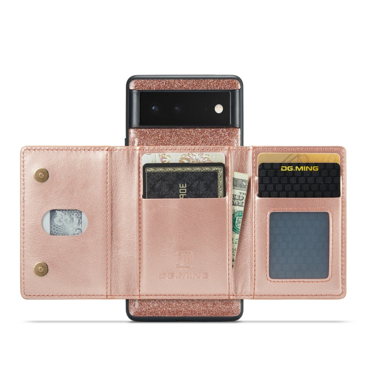 For Google Pixel 6 DG.MING M3 Series Glitter Powder Card Bag Leather Case(Rose Gold) - Google Cases by DG.MING | Online Shopping South Africa | PMC TechLife | Buy Now Pay Later Mobicred