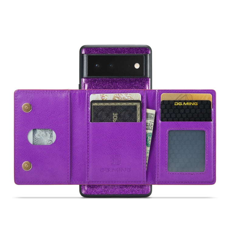 For Google Pixel 6a DG.MING M3 Series Glitter Powder Card Bag Leather Case(Dark Purple) - Google Cases by DG.MING | Online Shopping South Africa | PMC TechLife | Buy Now Pay Later Mobicred