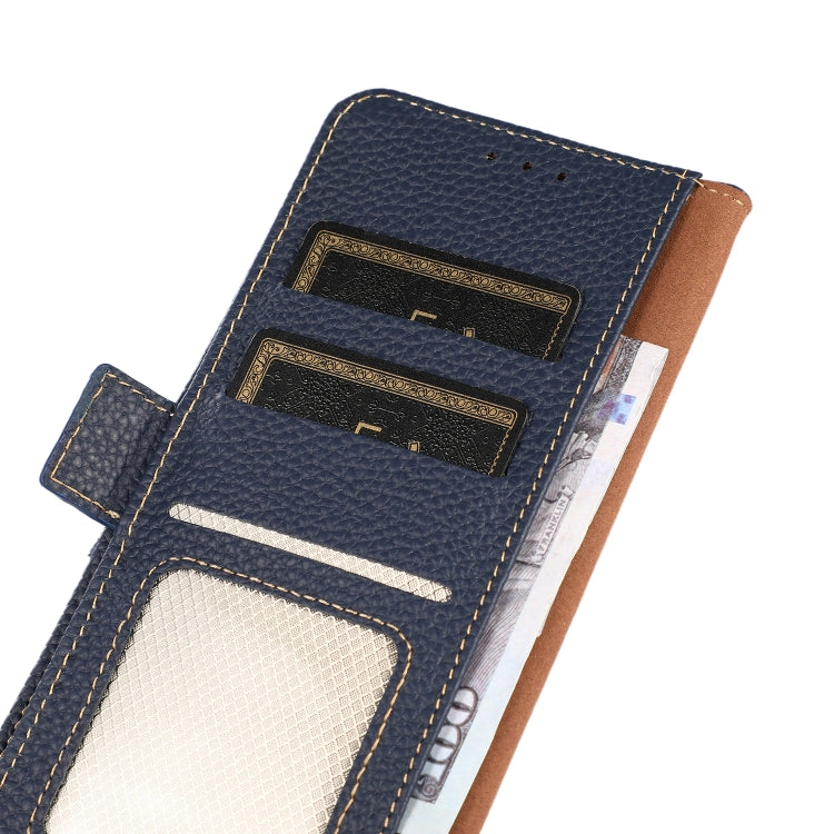 For Google Pixel 7A KHAZNEH Side-Magnetic Litchi Genuine Leather RFID Phone Case(Blue) - Google Cases by PMC TechLife | Online Shopping South Africa | PMC TechLife | Buy Now Pay Later Mobicred