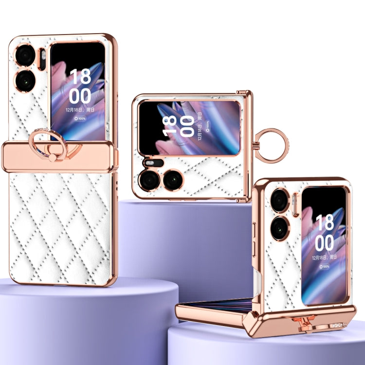 For OPPO Find N2 Flip Rhombus Pattern Electroplated Plain Leather Magnetic Phone Case with Ring(White) - Find N2 Flip Cases by PMC TechLife | Online Shopping South Africa | PMC TechLife | Buy Now Pay Later Mobicred