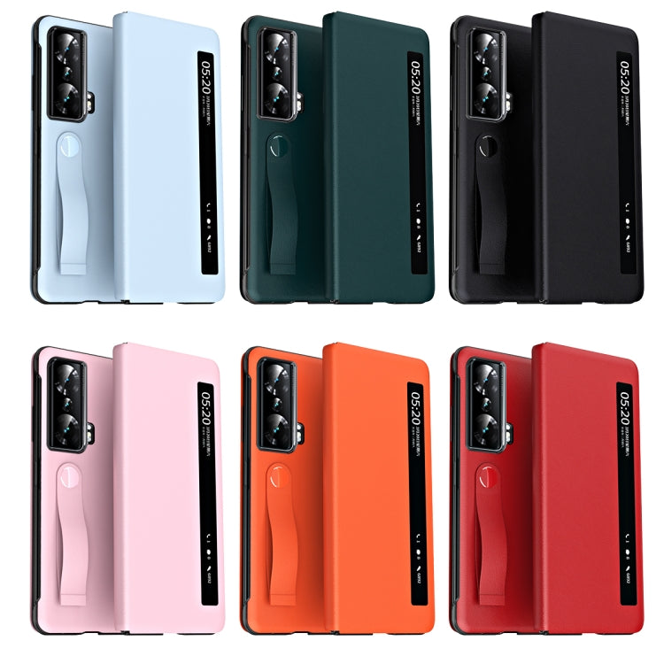For Honor Magic Vs Side Window View Smart Litchi Pattern Leather Phone Case with Hand Strap(Black) - Honor Cases by PMC TechLife | Online Shopping South Africa | PMC TechLife | Buy Now Pay Later Mobicred