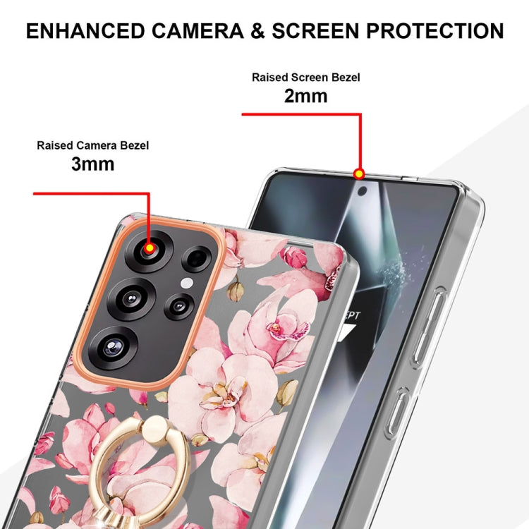 For Samsung Galaxy S25 Ultra 5G Flowers and Plants Series IMD TPU Phone Case with Ring Holder(Pink Gardenia) - Galaxy S25 Ultra 5G Cases by PMC Jewellery | Online Shopping South Africa | PMC Jewellery | Buy Now Pay Later Mobicred