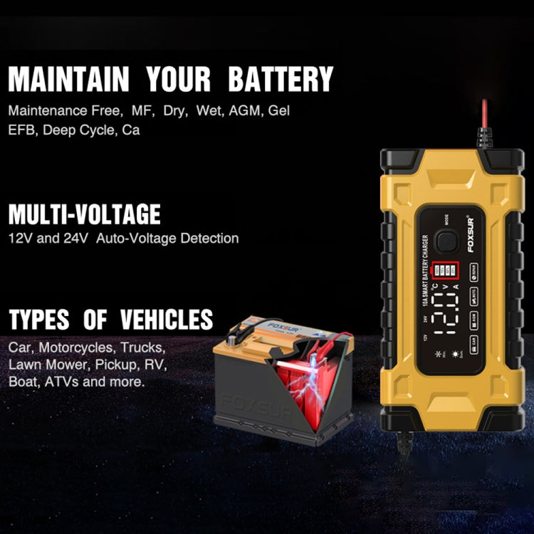 FOXSUR 12V / 24V / 10A Car / Motorcycle Battery Smart Repair Lead-acid Battery Charger(UK Plug Yellow) - Battery Charger by FOXSUR | Online Shopping South Africa | PMC Jewellery | Buy Now Pay Later Mobicred