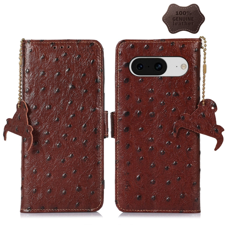 For Google Pixel 8 Ostrich Pattern Genuine Leather RFID Phone Case(Coffee) - Google Cases by PMC TechLife | Online Shopping South Africa | PMC TechLife | Buy Now Pay Later Mobicred