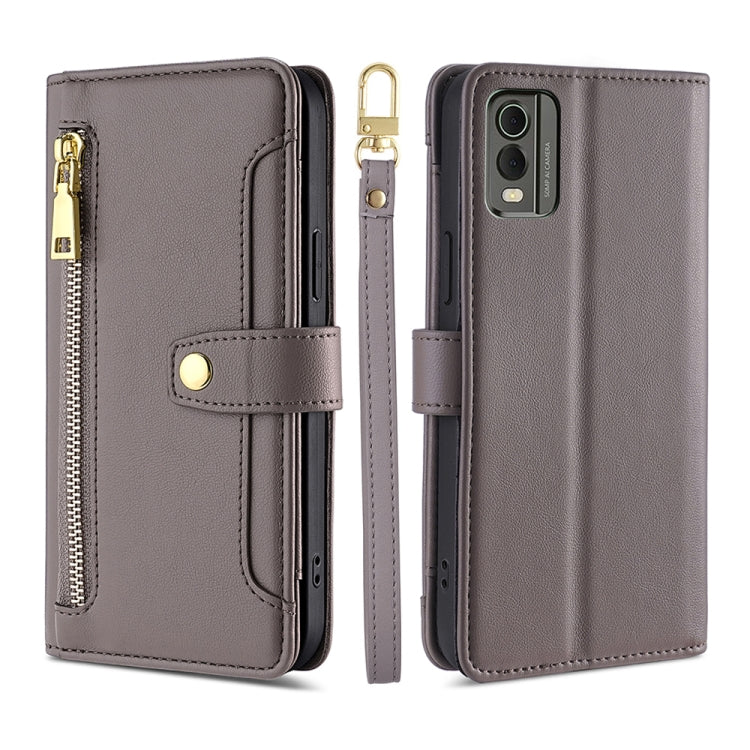 For Nokia C32 Sheep Texture Cross-body Zipper Wallet Leather Phone Case(Grey) - Nokia Cases by PMC TechLife | Online Shopping South Africa | PMC TechLife | Buy Now Pay Later Mobicred