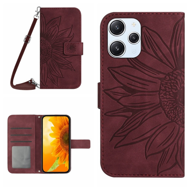 For Xiaomi Redmi 12 5G Skin Feel Sun Flower Embossed Flip Leather Phone Case with Lanyard(Wine Red) - Xiaomi Cases by PMC Jewellery | Online Shopping South Africa | PMC Jewellery | Buy Now Pay Later Mobicred