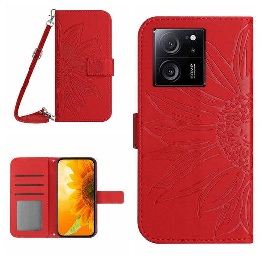 For Xiaomi 13T / 13T Pro Skin Feel Sun Flower Embossed Flip Leather Phone Case with Lanyard(Red) - Xiaomi Cases by PMC Jewellery | Online Shopping South Africa | PMC Jewellery | Buy Now Pay Later Mobicred