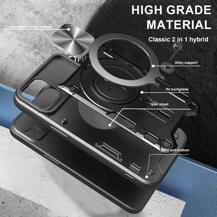 For iPhone 16e CD Texture Sliding Camshield Magnetic Holder Phone Case(Black) - iPhone 16e Cases by PMC TechLife | Online Shopping South Africa | PMC TechLife | Buy Now Pay Later Mobicred