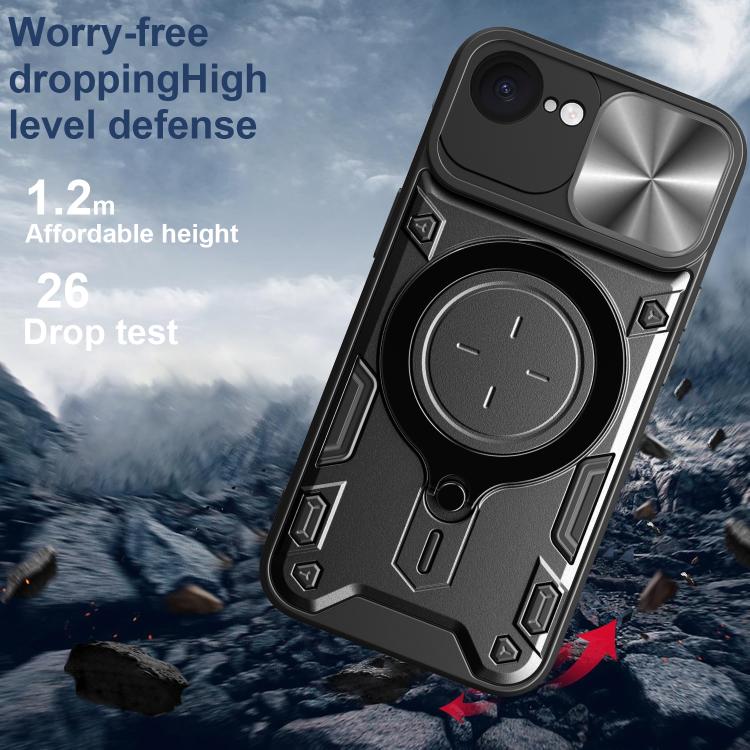 For iPhone 16e CD Texture Sliding Camshield Magnetic Holder Phone Case(Black) - iPhone 16e Cases by PMC TechLife | Online Shopping South Africa | PMC TechLife | Buy Now Pay Later Mobicred