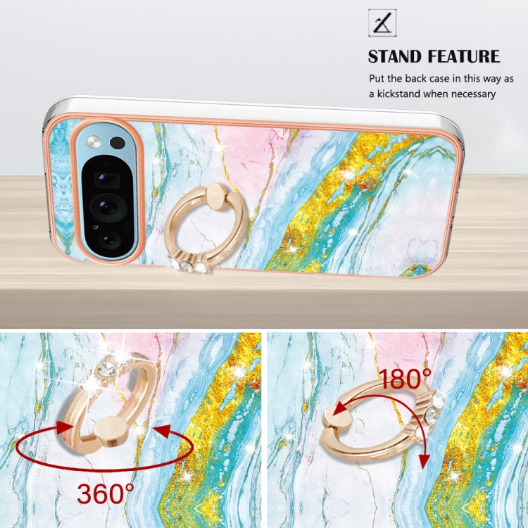 For Google Pixel 9 Pro XL Electroplating Marble IMD TPU Phone Case with Ring Holder(Green 004) - Google Cases by PMC TechLife | Online Shopping South Africa | PMC TechLife | Buy Now Pay Later Mobicred