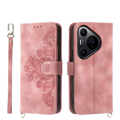 For Huawei Pura 70 Pro / Pura 70 Pro+ Skin-feel Flowers Embossed Wallet Leather Phone Case(Pink) - Huawei Cases by PMC Jewellery | Online Shopping South Africa | PMC Jewellery | Buy Now Pay Later Mobicred