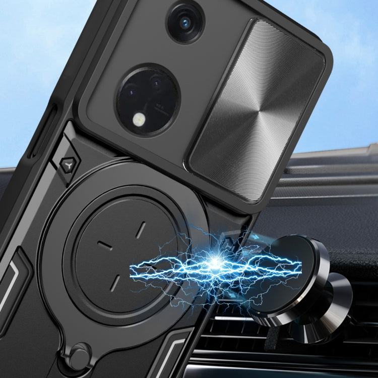 For OPPO Reno8 T 5G CD Texture Sliding Camshield Magnetic Holder Phone Case(Black) - OPPO Cases by PMC TechLife | Online Shopping South Africa | PMC TechLife | Buy Now Pay Later Mobicred