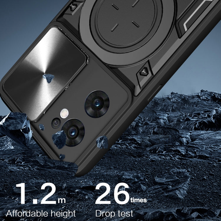 For OPPO Reno7 5G CD Texture Sliding Camshield Magnetic Holder Phone Case(Silver) - OPPO Cases by PMC TechLife | Online Shopping South Africa | PMC TechLife | Buy Now Pay Later Mobicred