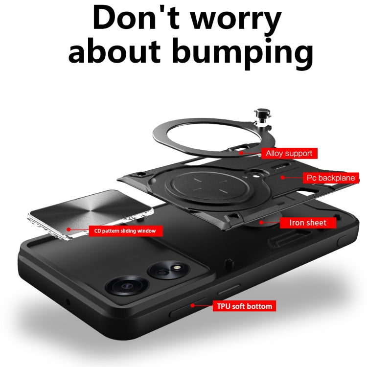 For OPPO A58 4G Global CD Texture Sliding Camshield Magnetic Holder Phone Case(Black) - free shipping - PMC TechLife - Order now!