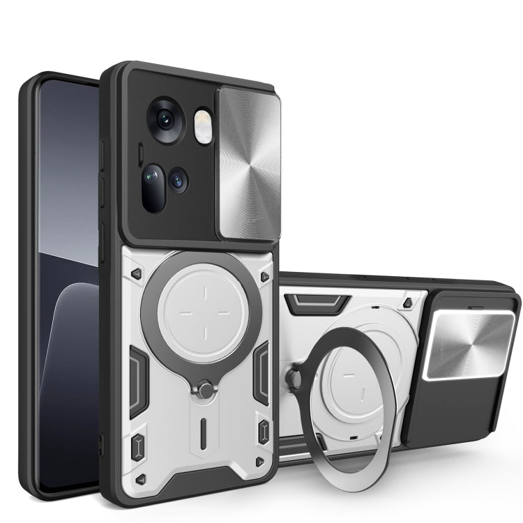 For OPPO Reno11 5G Global CD Texture Sliding Camshield Magnetic Holder Phone Case(Silver) - Reno11 Cases by PMC TechLife | Online Shopping South Africa | PMC TechLife | Buy Now Pay Later Mobicred