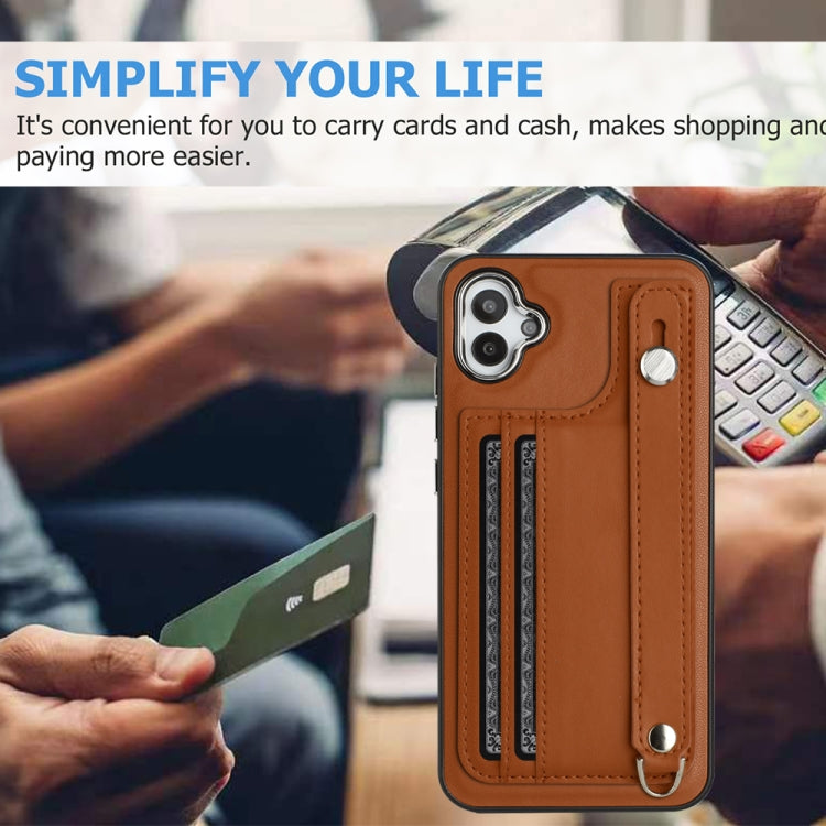 For Samsung Galaxy A04E / F04 / M04 Shockproof Leather Phone Case with Wrist Strap(Brown) - free shipping - PMC TechLife - Order now!