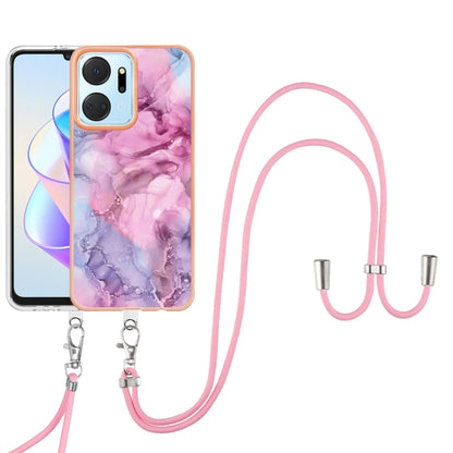 For Honor X7a Electroplating Marble Dual-side IMD Phone Case with Lanyard(Pink 013) - Honor Cases by PMC Jewellery | Online Shopping South Africa | PMC Jewellery