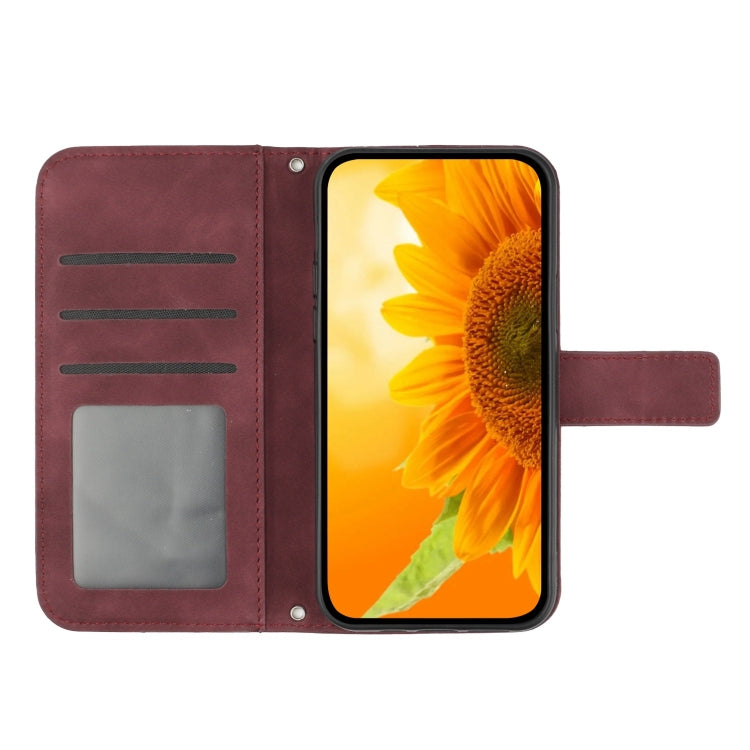 For iPhone 16 Skin Feel Sun Flower Embossed Flip Leather Phone Case with Lanyard(Wine Red) - iPhone 16 Cases by PMC TechLife | Online Shopping South Africa | PMC TechLife | Buy Now Pay Later Mobicred