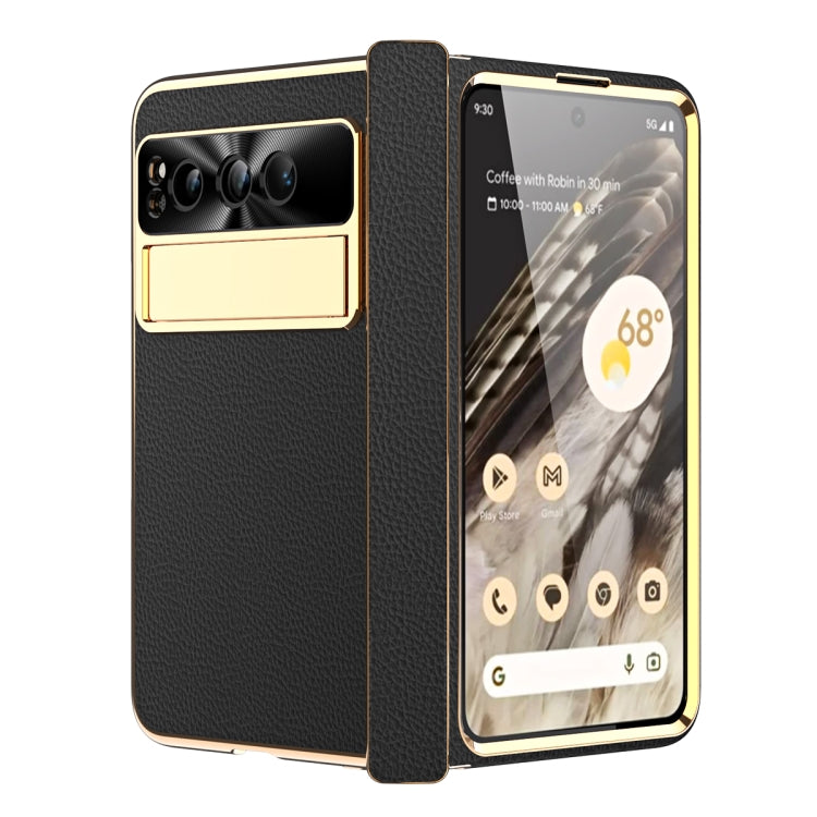 For Google Pixel Fold Litchi Pattern Electroplating Folding Phone Case with Hinge(Black) - Google Cases by PMC TechLife | Online Shopping South Africa | PMC TechLife | Buy Now Pay Later Mobicred