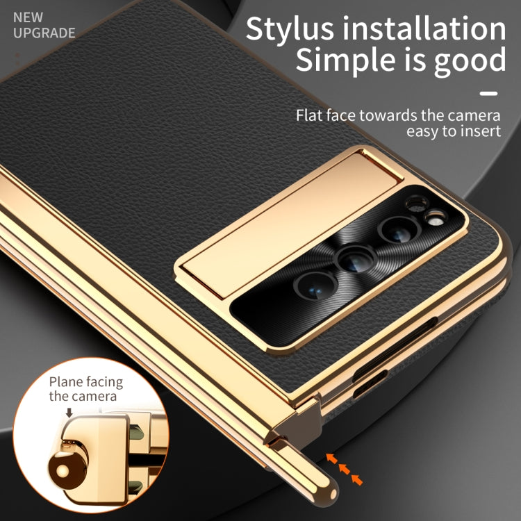 For Google Pixel Fold Litchi Pattern Electroplating Pen Slot Folding Phone Case with Stylus(Black) - Google Cases by PMC TechLife | Online Shopping South Africa | PMC TechLife | Buy Now Pay Later Mobicred