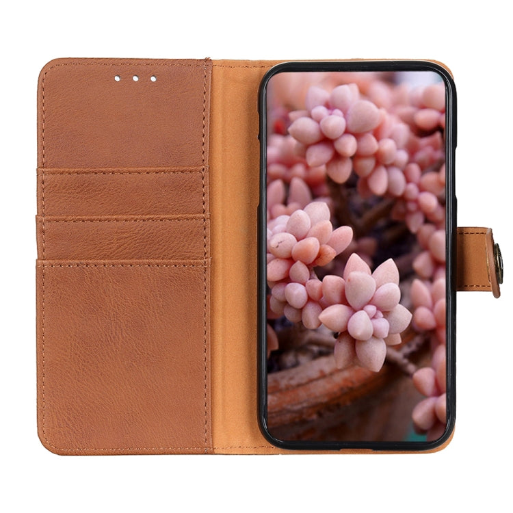 For iPhone 16 KHAZNEH Cowhide Texture Horizontal Flip Leather Phone Case(Brown) - iPhone 16 Cases by PMC Jewellery | Online Shopping South Africa | PMC Jewellery | Buy Now Pay Later Mobicred