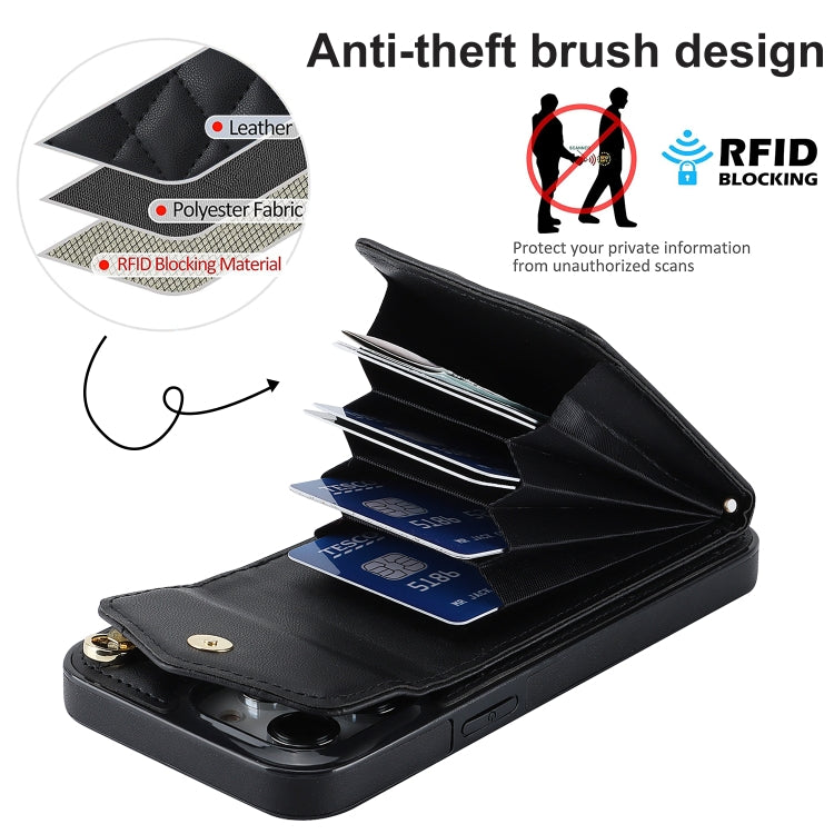 For iPhone 14 Pro Rhombic Texture Card Bag Phone Case with Long Lanyard(Black) - iPhone 14 Pro Cases by PMC TechLife | Online Shopping South Africa | PMC TechLife