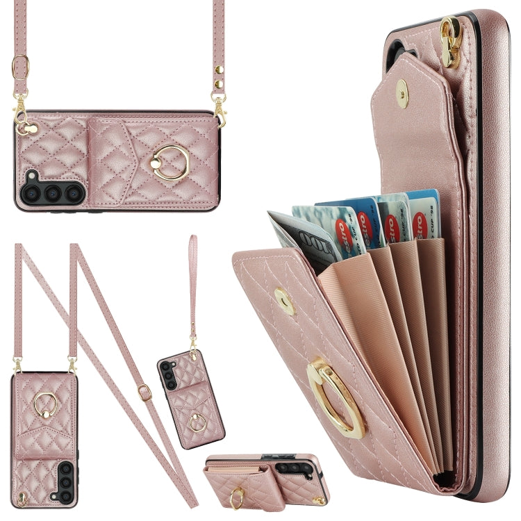 For Samsung Galaxy S24+ 5G Rhombic Texture Card Bag Phone Case with Long Lanyard(Rose Gold) - Galaxy S24+ 5G Cases by PMC Jewellery | Online Shopping South Africa | PMC Jewellery | Buy Now Pay Later Mobicred