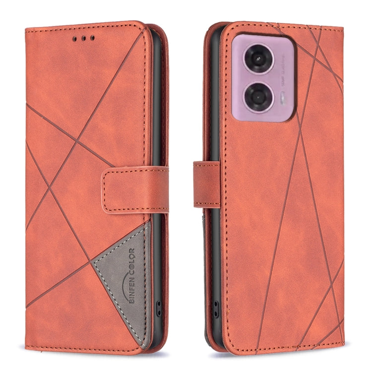 For Motorola Moto G34 5G Magnetic Buckle Rhombus Texture Leather Phone Case(Brown) - Motorola Cases by PMC Jewellery | Online Shopping South Africa | PMC Jewellery