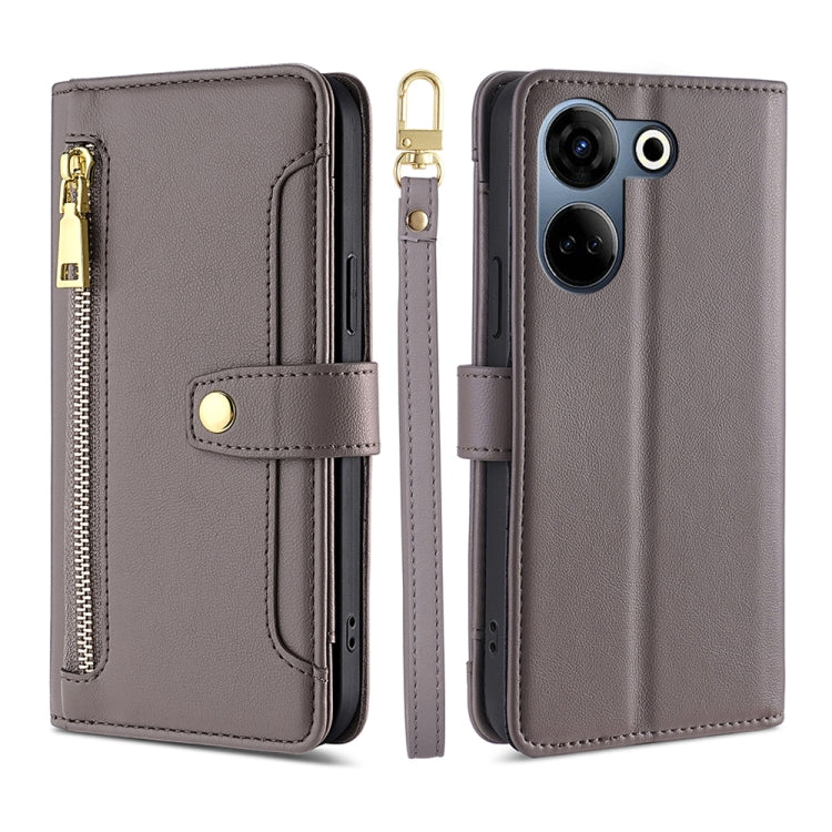 For Tecno Camon 20 Pro 4G Sheep Texture Cross-body Zipper Wallet Leather Phone Case(Grey) - Tecno Cases by PMC TechLife | Online Shopping South Africa | PMC TechLife | Buy Now Pay Later Mobicred