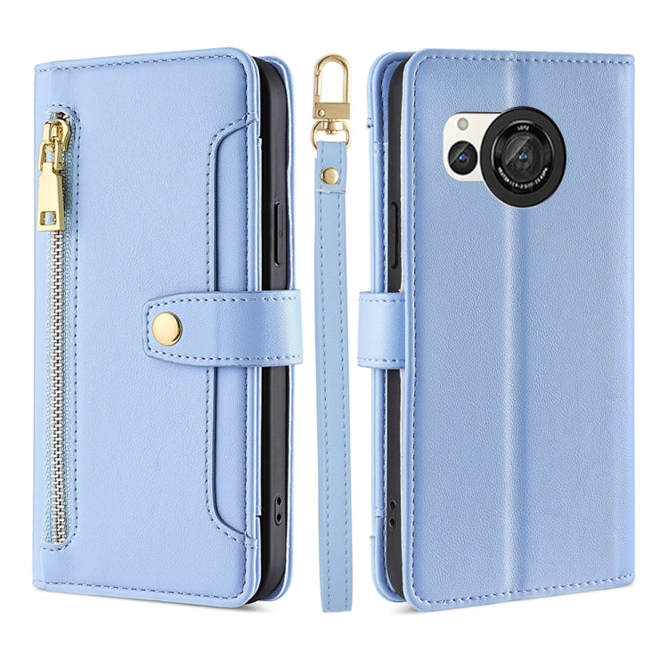 For Sharp Aquos R8 SH-52D Sheep Texture Cross-body Zipper Wallet Leather Phone Case(Blue) - More Brand by PMC TechLife | Online Shopping South Africa | PMC TechLife | Buy Now Pay Later Mobicred