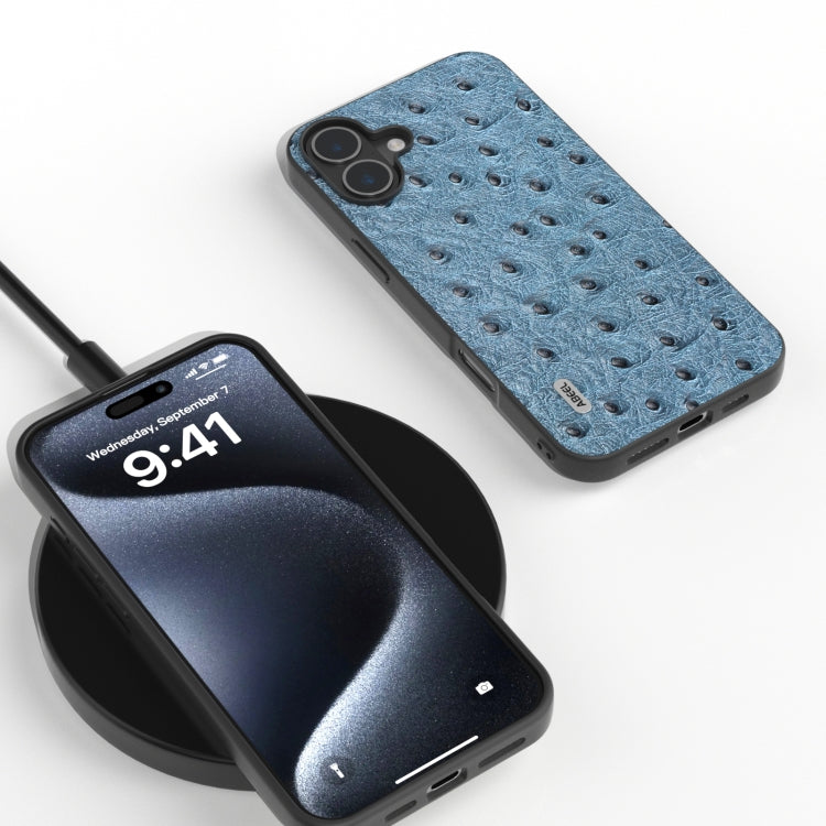 For iPhone 16 ABEEL Genuine Leather Ostrich Texture Phone Case(Blue) - iPhone 16 Cases by PMC TechLife | Online Shopping South Africa | PMC TechLife | Buy Now Pay Later Mobicred