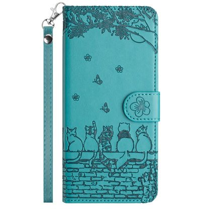 For iPhone 16 Cat Embossing Pattern Leather Phone Case with Lanyard(Blue) - iPhone 16 Cases by PMC Jewellery | Online Shopping South Africa | PMC Jewellery | Buy Now Pay Later Mobicred