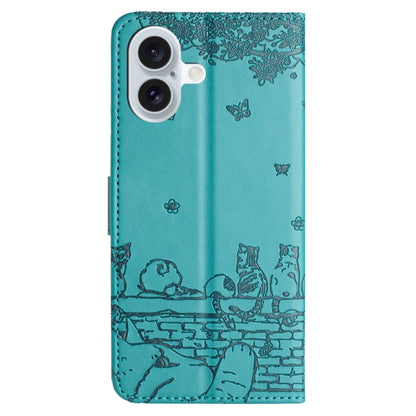 For iPhone 16 Cat Embossing Pattern Leather Phone Case with Lanyard(Blue) - iPhone 16 Cases by PMC Jewellery | Online Shopping South Africa | PMC Jewellery | Buy Now Pay Later Mobicred