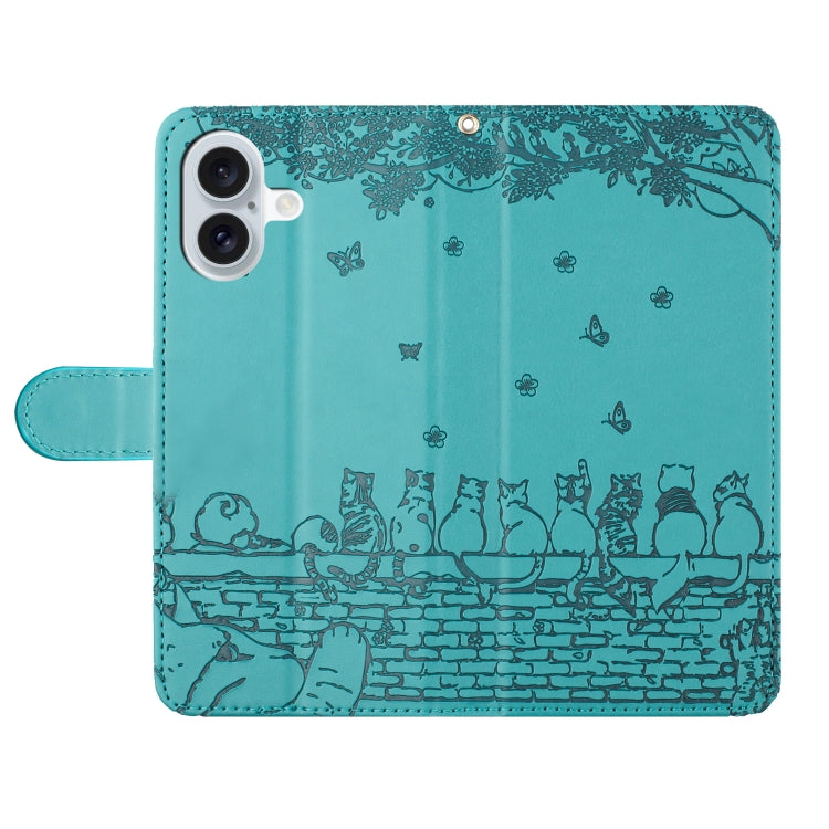 For iPhone 16 Cat Embossing Pattern Leather Phone Case with Lanyard(Blue) - iPhone 16 Cases by PMC Jewellery | Online Shopping South Africa | PMC Jewellery | Buy Now Pay Later Mobicred