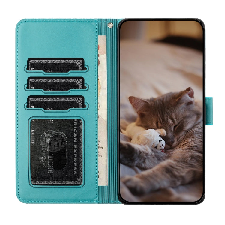 For iPhone 16 Cat Embossing Pattern Leather Phone Case with Lanyard(Blue) - iPhone 16 Cases by PMC Jewellery | Online Shopping South Africa | PMC Jewellery | Buy Now Pay Later Mobicred