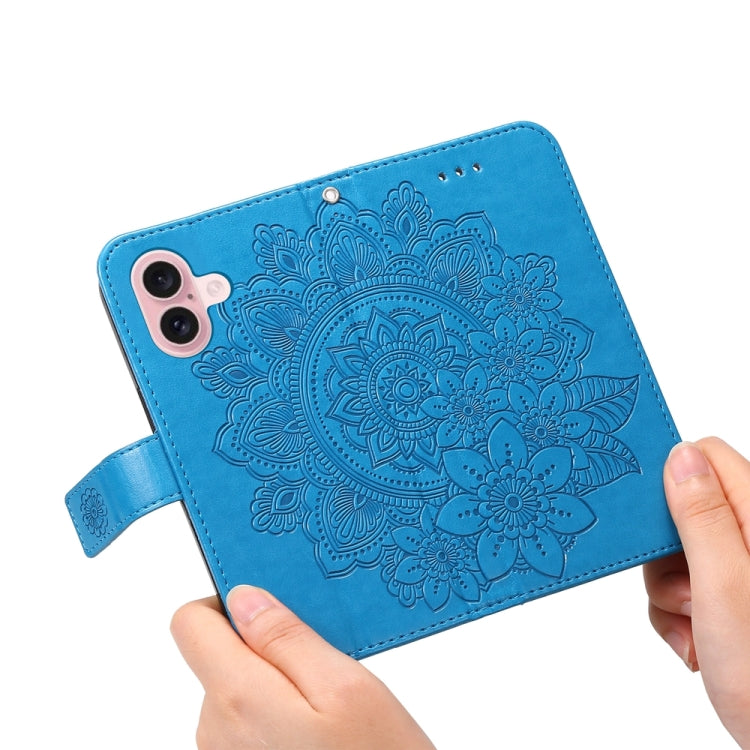 For iPhone 16 7-petal Flowers Embossing Leather Phone Case(Blue) - iPhone 16 Cases by PMC TechLife | Online Shopping South Africa | PMC TechLife | Buy Now Pay Later Mobicred