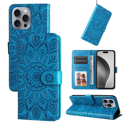 For iPhone 16 Pro Max Embossed Sunflower Leather Phone Case(Blue) - iPhone 16 Pro Max Cases by PMC Jewellery | Online Shopping South Africa | PMC Jewellery | Buy Now Pay Later Mobicred