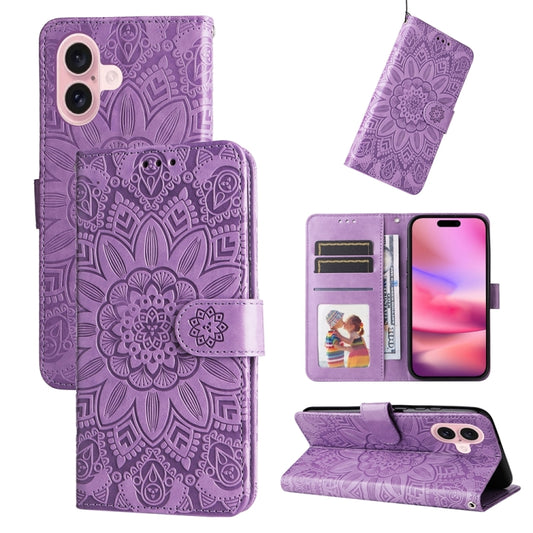 For iPhone 16 Embossed Sunflower Leather Phone Case(Purple) - iPhone 16 Cases by PMC Jewellery | Online Shopping South Africa | PMC Jewellery | Buy Now Pay Later Mobicred