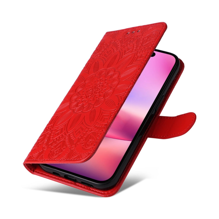 For iPhone 16 Embossed Sunflower Leather Phone Case(Red) - iPhone 16 Cases by PMC Jewellery | Online Shopping South Africa | PMC Jewellery | Buy Now Pay Later Mobicred