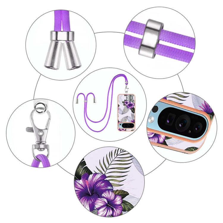 For Google Pixel 9 / 9 Pro Electroplating IMD TPU Phone Case with Lanyard(Purple Flower) - Google Cases by PMC TechLife | Online Shopping South Africa | PMC TechLife | Buy Now Pay Later Mobicred