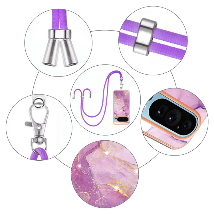 For Google Pixel 9 Pro XL Electroplating Marble Dual-side IMD Phone Case with Lanyard(Purple 001) - Google Cases by PMC TechLife | Online Shopping South Africa | PMC TechLife | Buy Now Pay Later Mobicred