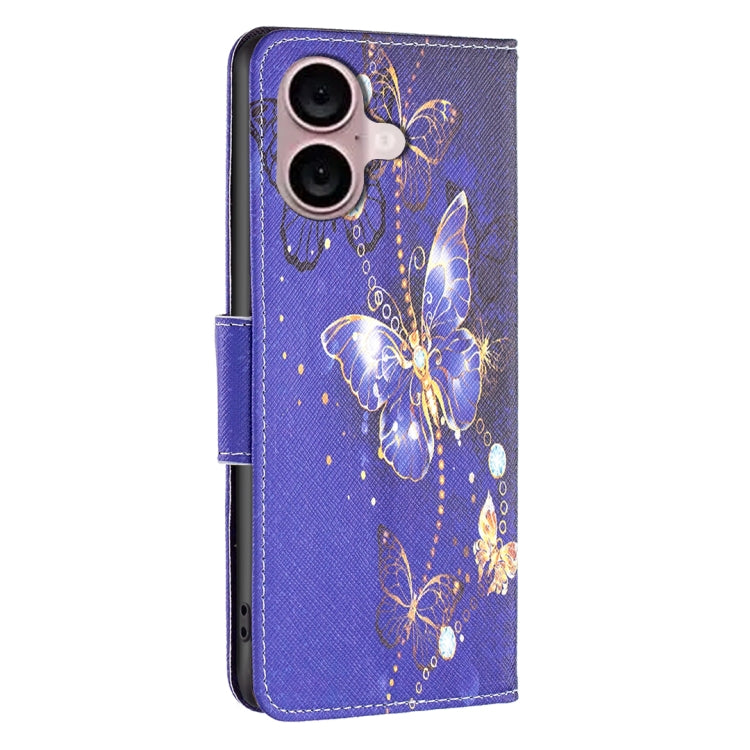 For iPhone 16 Colored Drawing Pattern Flip Leather Phone Case(Purple Butterfly) - iPhone 16 Cases by PMC TechLife | Online Shopping South Africa | PMC TechLife | Buy Now Pay Later Mobicred