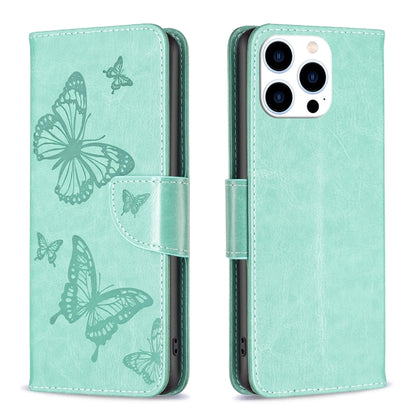 For iPhone 16 Pro Max Embossing Two Butterflies Pattern Leather Phone Case(Green) - iPhone 16 Pro Max Cases by PMC Jewellery | Online Shopping South Africa | PMC Jewellery | Buy Now Pay Later Mobicred