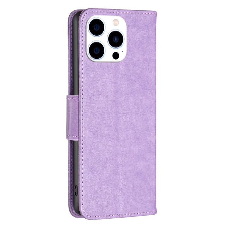 For iPhone 16 Pro Embossing Two Butterflies Pattern Leather Phone Case(Purple) - iPhone 16 Pro Cases by PMC TechLife | Online Shopping South Africa | PMC TechLife | Buy Now Pay Later Mobicred