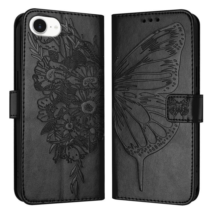 For iPhone 16e Embossed Butterfly Leather Phone Case(Black) - iPhone 16e Cases by PMC TechLife | Online Shopping South Africa | PMC TechLife | Buy Now Pay Later Mobicred