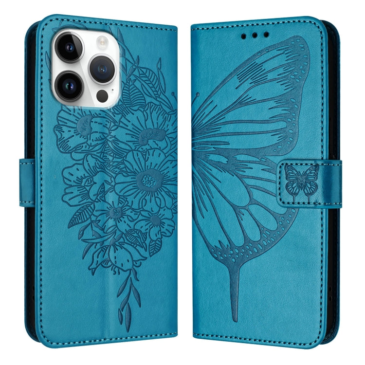 For iPhone 16 Pro Max Embossed Butterfly Leather Phone Case(Blue) - iPhone 16 Pro Max Cases by PMC TechLife | Online Shopping South Africa | PMC TechLife | Buy Now Pay Later Mobicred