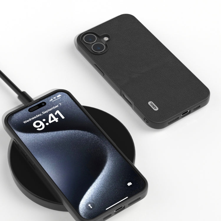 For iPhone 16 Plus ABEEL Genuine Leather Wave Black Edge Phone Case(Black) - free shipping - PMC TechLife - Order now!