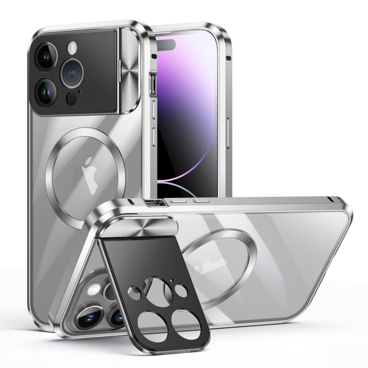For iPhone 14 Pro Large Window Holder MagSafe Magnetic Metal Phone Case(Silver) - iPhone 14 Pro Cases by PMC TechLife | Online Shopping South Africa | PMC TechLife